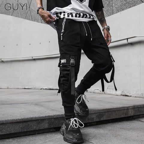 Streetwear Letter Cargo Side Pockets Jogger Pants Men Hip Hop Patchwork Ribbon Harem Sweatpants Male Trousers Pantalon Homme