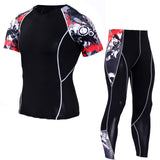 Men's Short Sleeve T-Shirt + Pants MMA rashgard 2 pieces of fitness suits for teenagers and wolves compressed clothing XXXXL